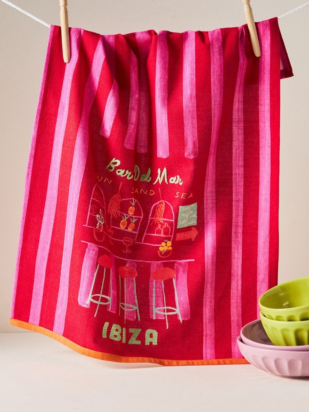 Anthropologie Ibiza Pink & Red Striped Beach Towel with Bar Graphic